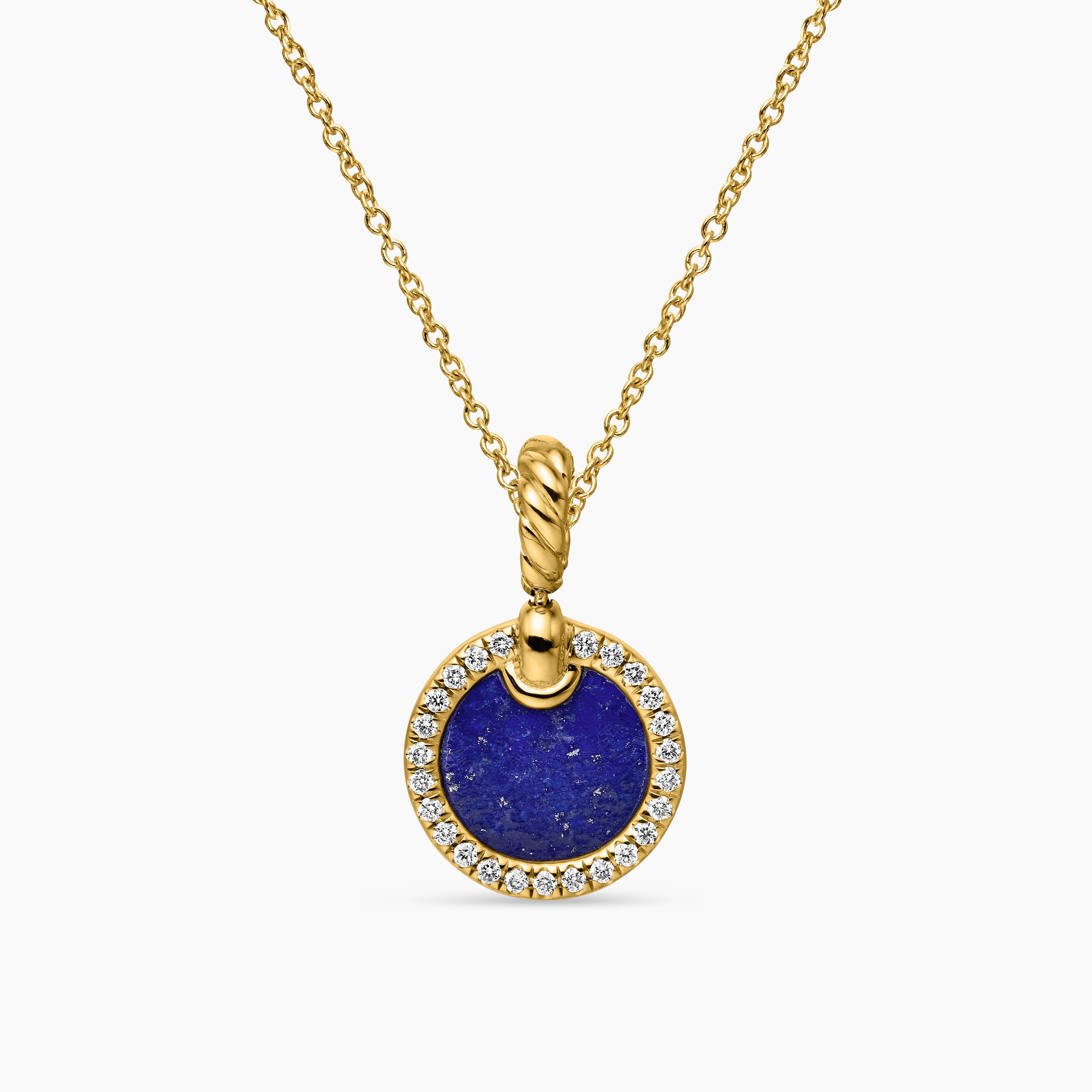 Womens Petite DY Elements&reg; Pendant Necklace in 18K Yellow Gold with Lapis and Diamonds, 17.8mm