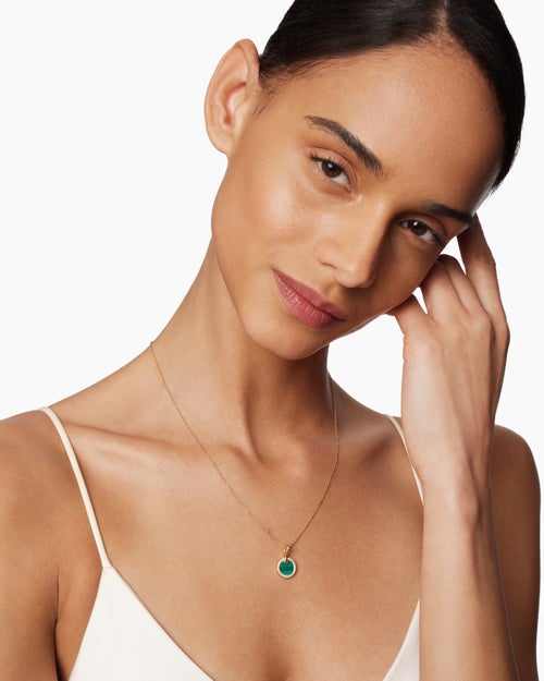 Womens Petite DY Elements® Pendant Necklace in 18K Yellow Gold with Malachite and Diamonds, 17.8mm