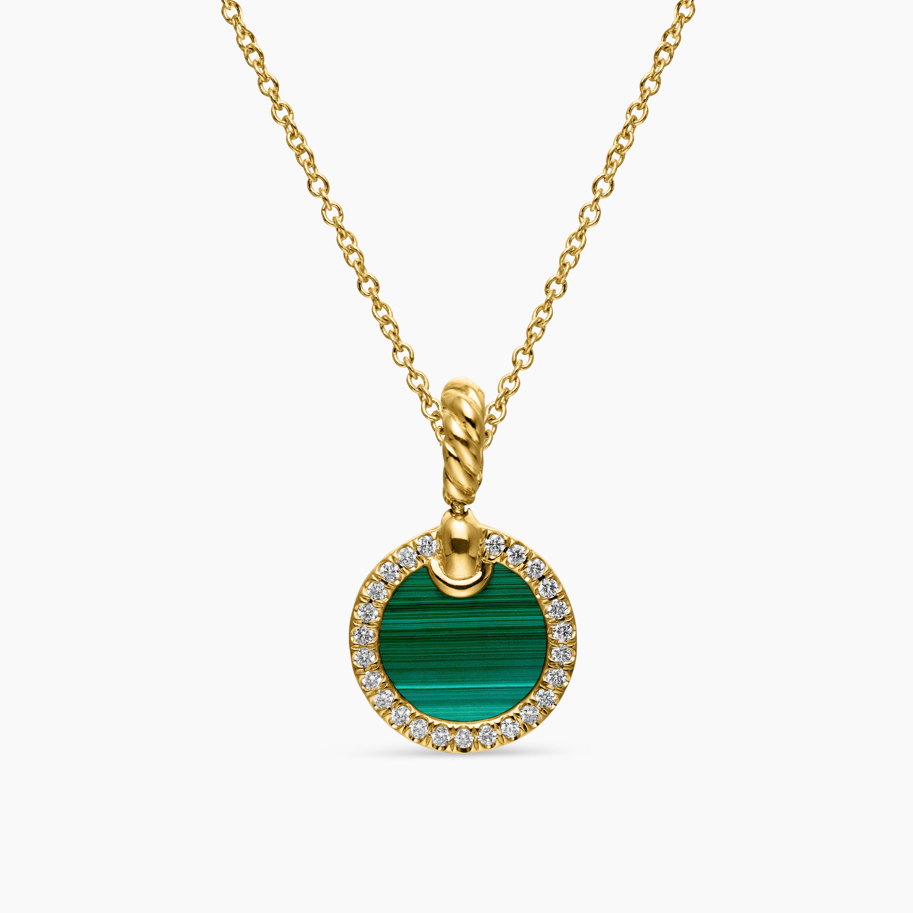 Womens Petite DY Elements&reg; Pendant Necklace in 18K Yellow Gold with Malachite and Diamonds, 17.8mm