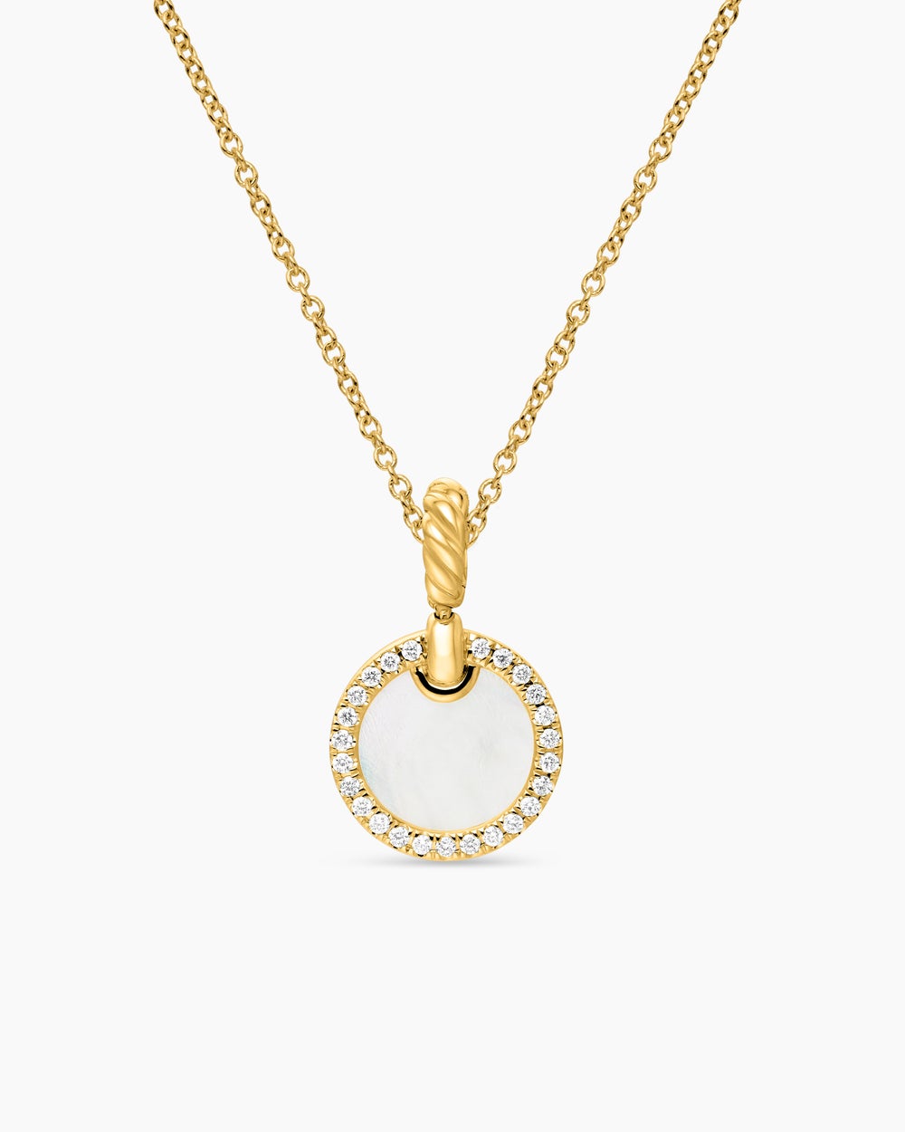 Womens Petite DY Elements® Pendant Necklace in 18ct Yellow Gold with Mother of Pearl and Diamonds, 17.8mm