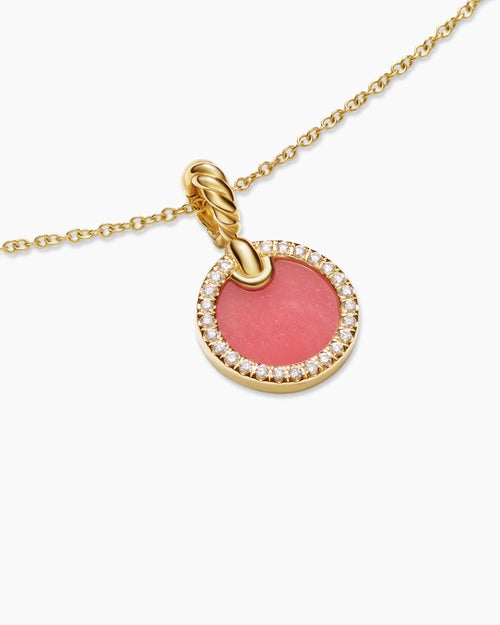 Womens Petite DY Elements Pendant Necklace in 18K Yellow Gold with Rhodonite and Diamonds, 17.8mm