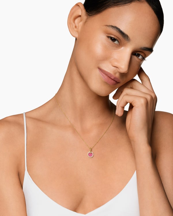 Collier avec pendentif Petite DY Elements en or jaune 18 carats avec diamants et rhodonite, 17,8 mm