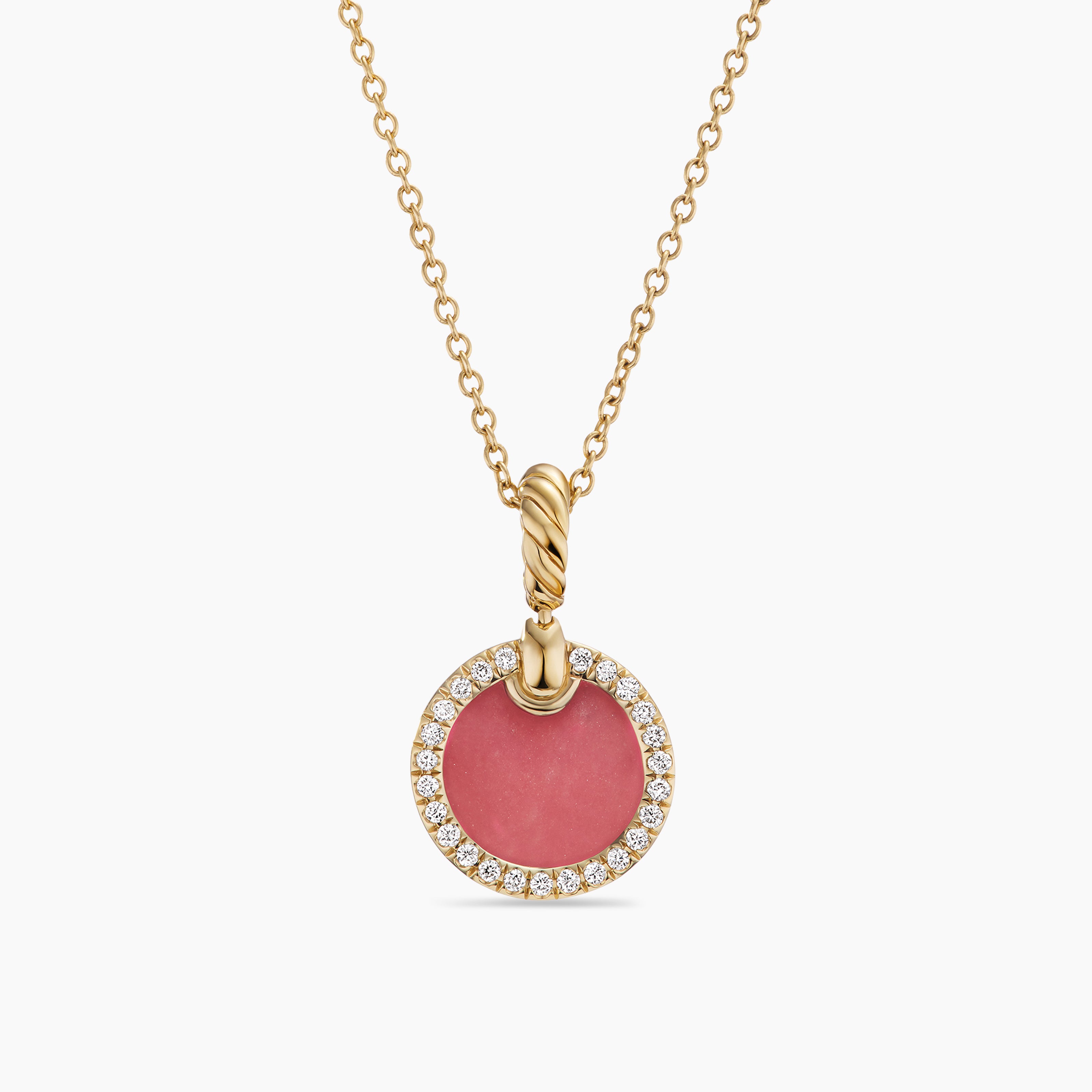 Womens Petite DY Elements Pendant Necklace in 18K Yellow Gold with Rhodonite and Diamonds, 17.8mm