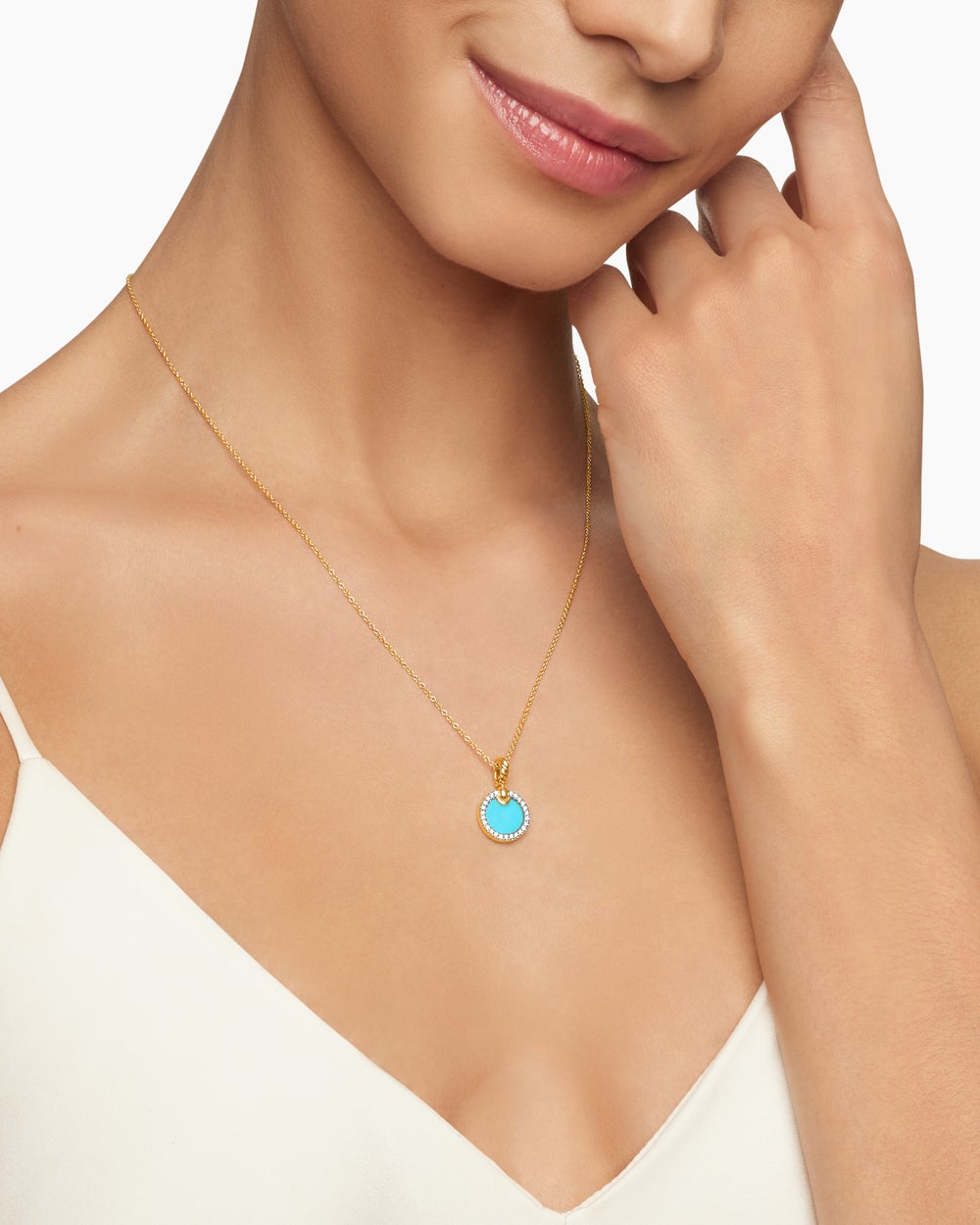 Womens Petite DY Elements® Pendant Necklace in 18ct Yellow Gold with Turquoise and Diamonds, 17.8mm