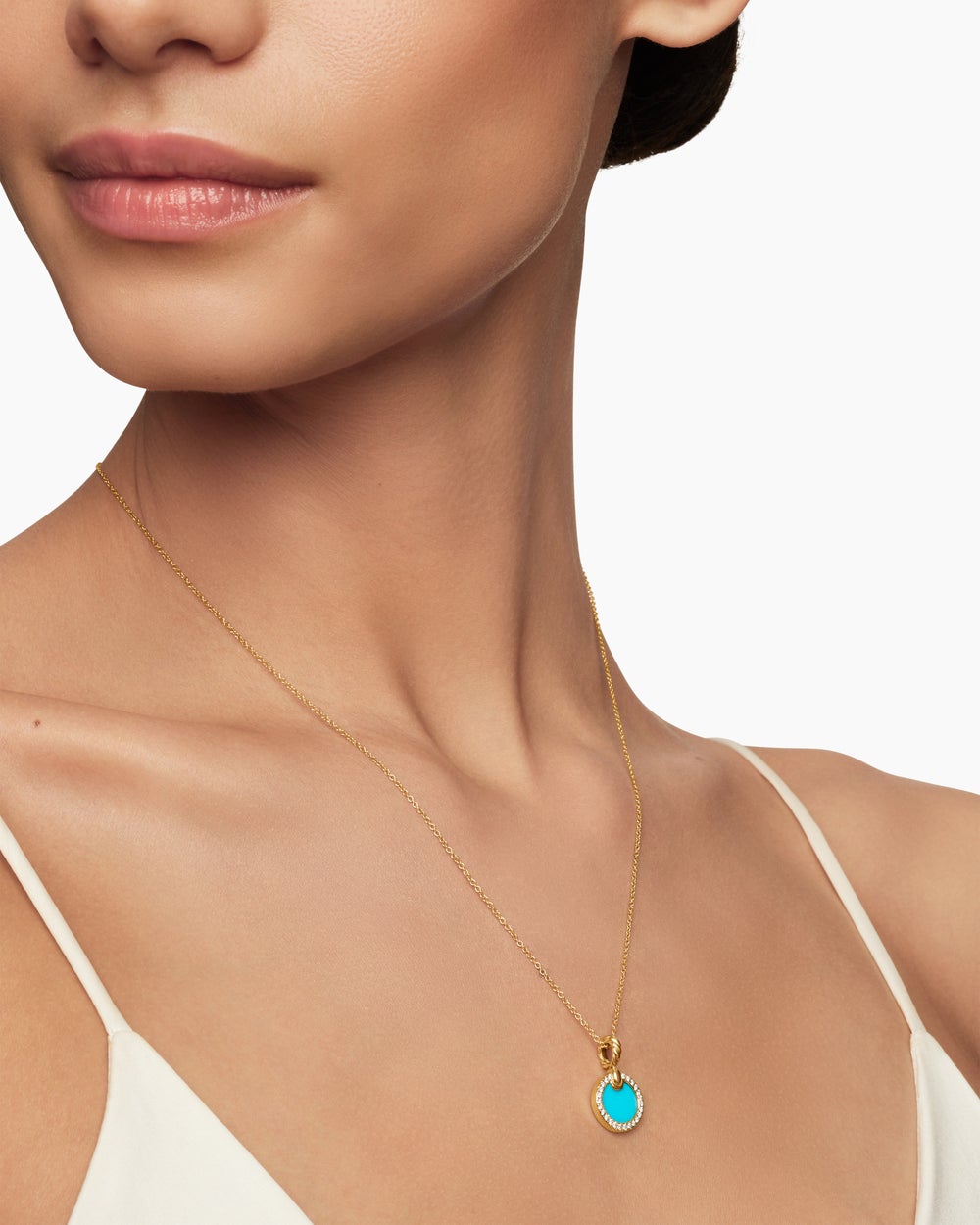 Womens Petite DY Elements® Pendant Necklace in 18ct Yellow Gold with Turquoise and Diamonds, 17.8mm