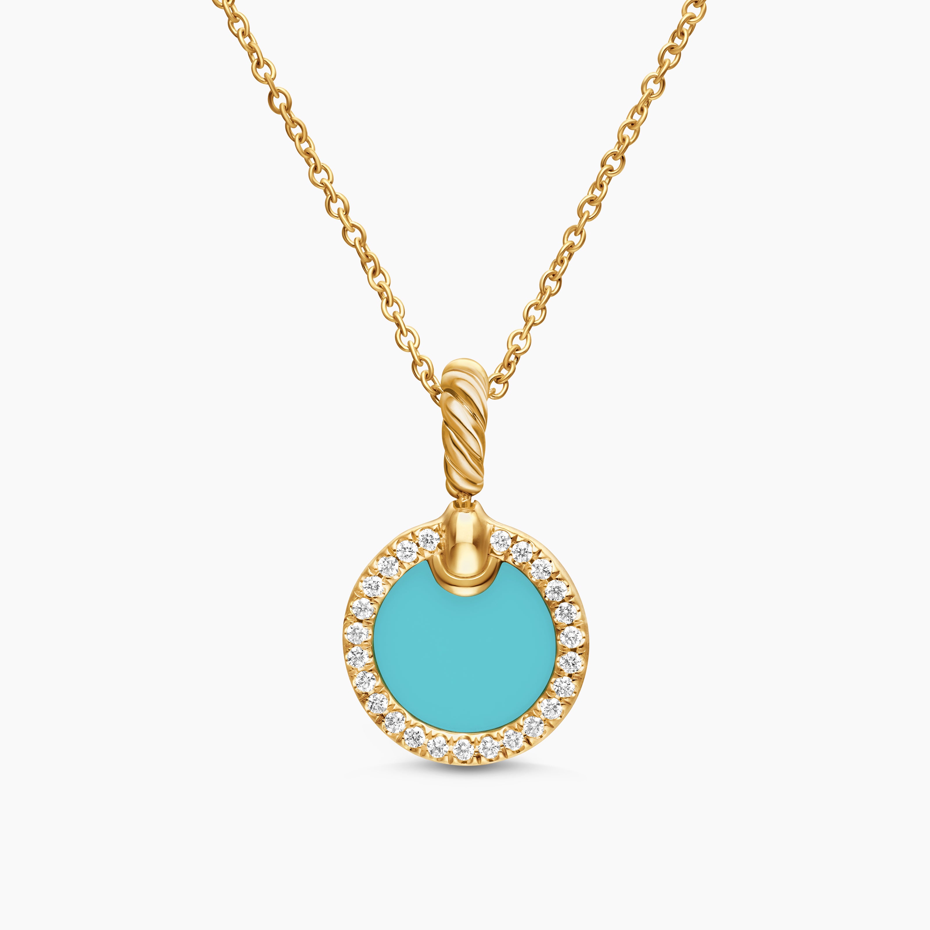 Womens Petite DY Elements&reg; Pendant Necklace in 18K Yellow Gold with Turquoise and Diamonds, 17.8mm