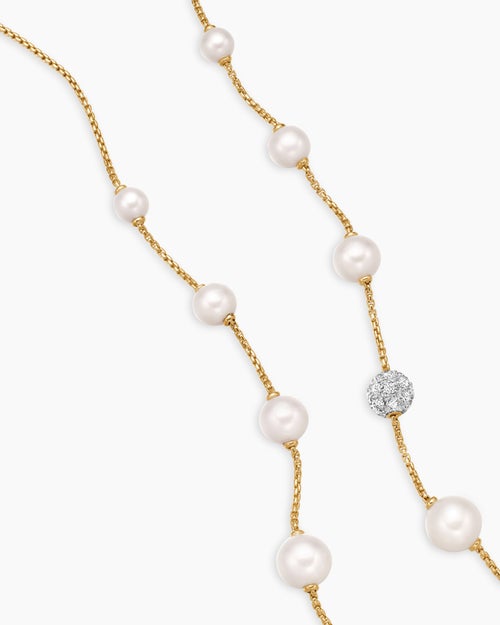 Womens Pearl and Pavé Station Necklace in 18ct Yellow Gold with Pearls and Diamonds