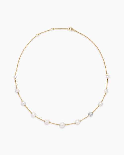 Womens Pearl and Pavé Station Necklace in 18K Yellow Gold with Pearls and Diamonds