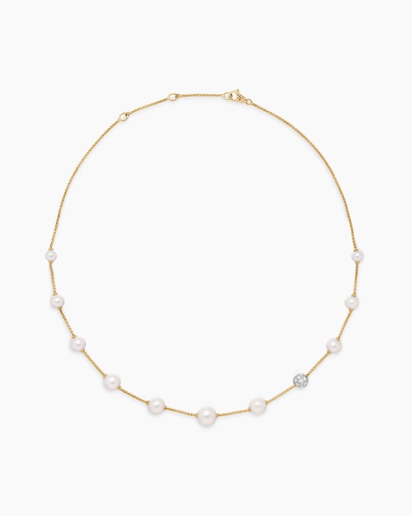 Pearl and Pavé Station Necklace in 18K Yellow Gold with Pearls and Diamonds