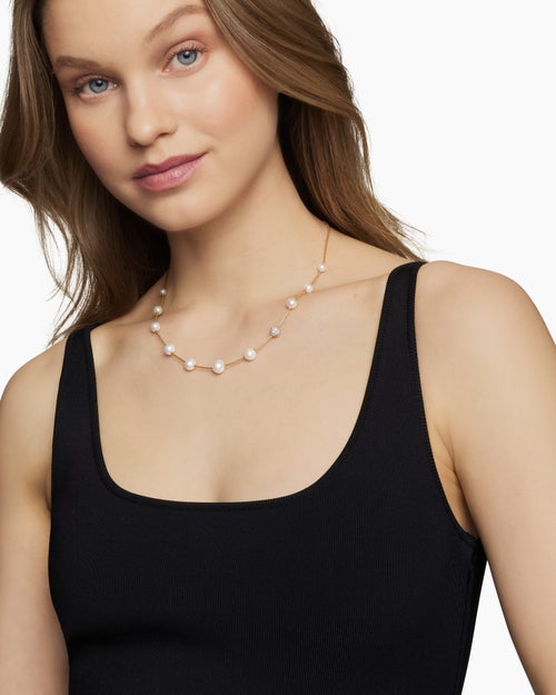 Womens Pearl and Pavé Station Necklace in 18ct Yellow Gold with Pearls and Diamonds