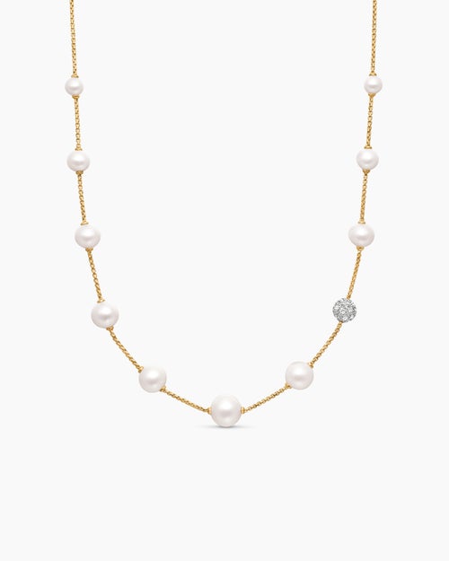 Womens Pearl and Pavé Station Necklace in 18K Yellow Gold with Pearls and Diamonds