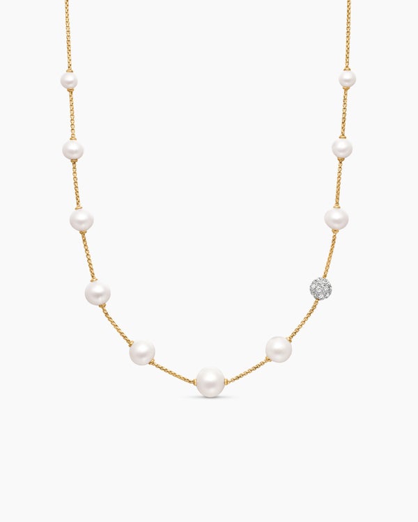 Pearl and Pavé Station Necklace in 18K Yellow Gold with Pearls and Diamonds
