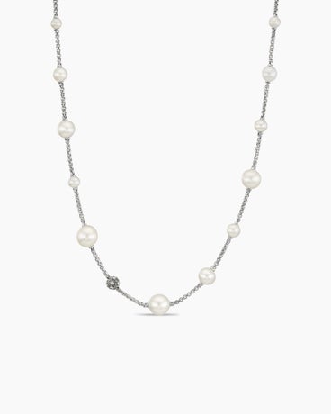 Pearl and Pavé Station Necklace in Sterling Silver with Pearls and Diamonds