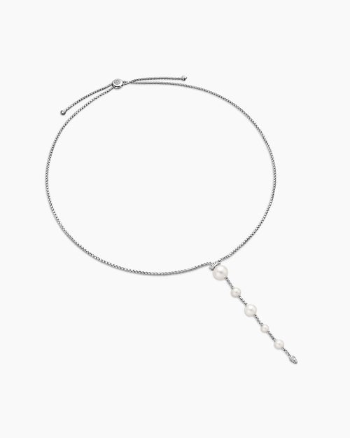 Womens Pearl and Pavé Y Necklace in Sterling Silver with Pearls and Diamonds