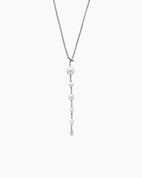 Womens Pearl and Pavé Y Necklace in Sterling Silver with Pearls and Diamonds