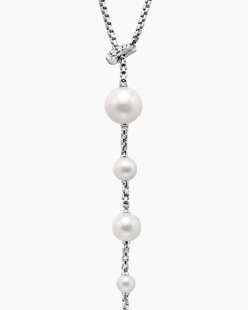 Womens Pearl and Pavé Y Necklace in Sterling Silver with Pearls and Diamonds