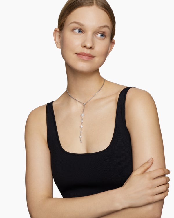 Collier en Y à perle et pavé en argent sterling avec perles et diamants