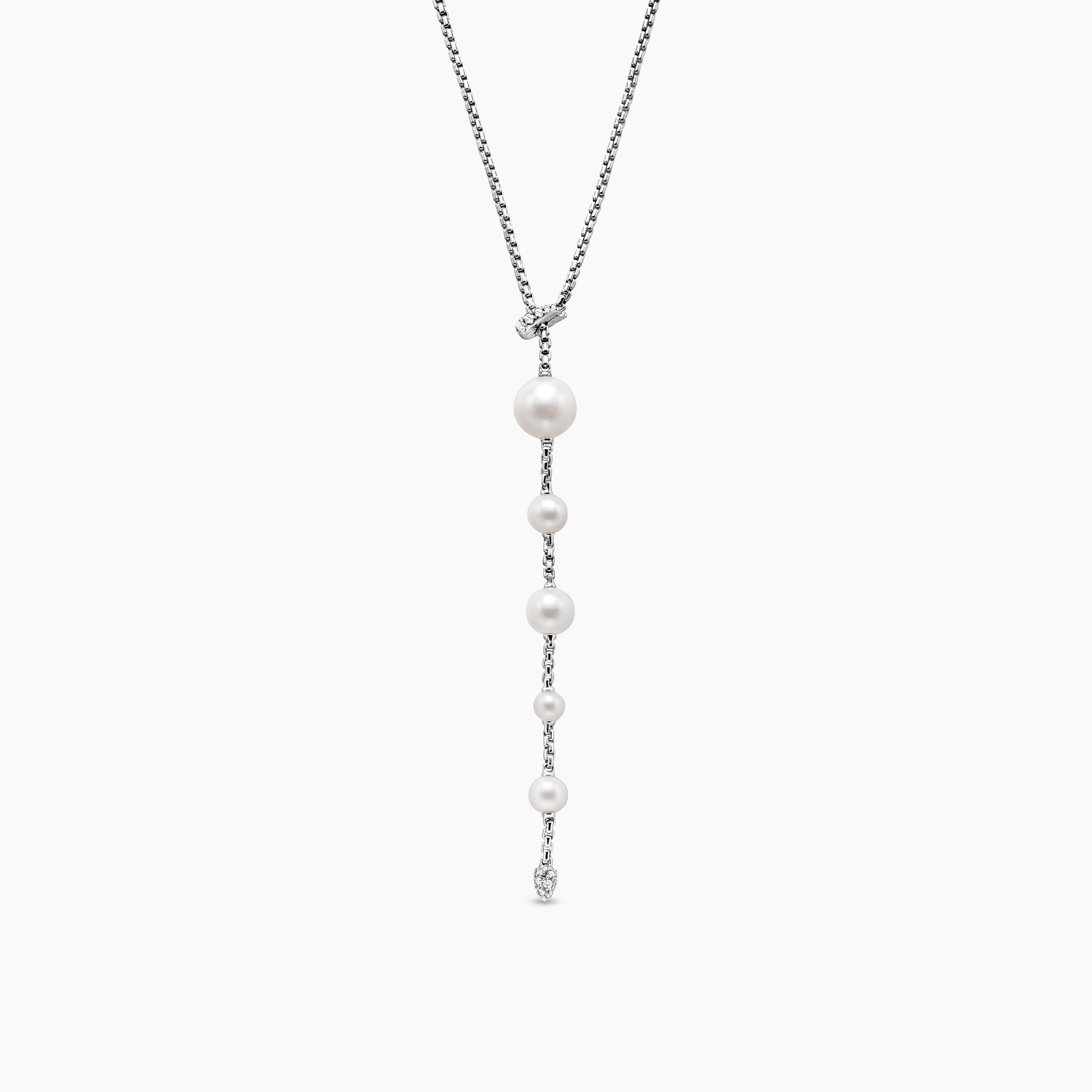 Womens Pearl and Pav&eacute; Y Necklace in Sterling Silver with Pearls and Diamonds