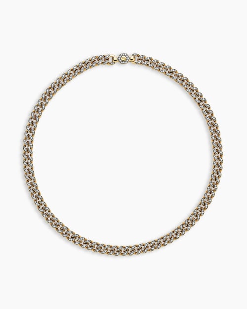 Womens Curb Chain Necklace in 18K Yellow Gold with Diamonds, 7mm