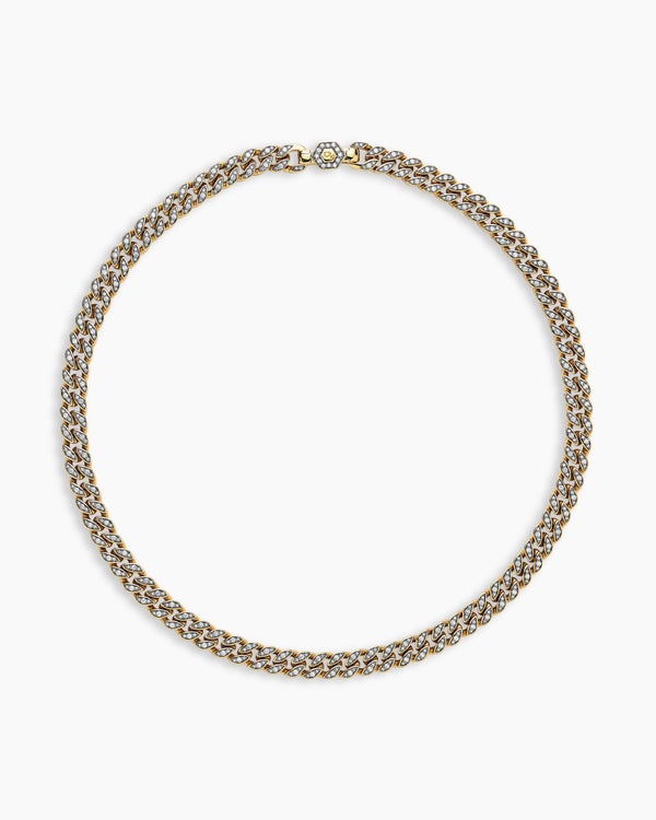 Curb Chain Necklace in 18K Yellow Gold with Diamonds, 7mm