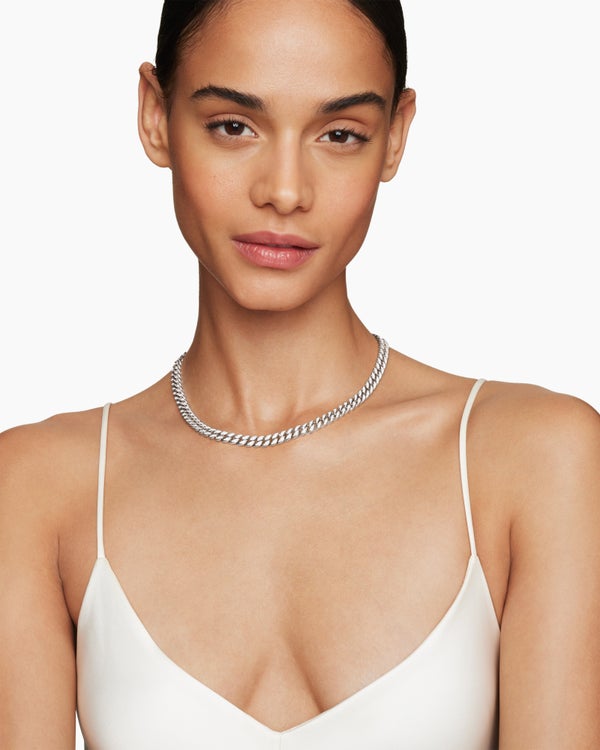 Curb Chain Necklace in Sterling Silver with Diamonds, 7mm