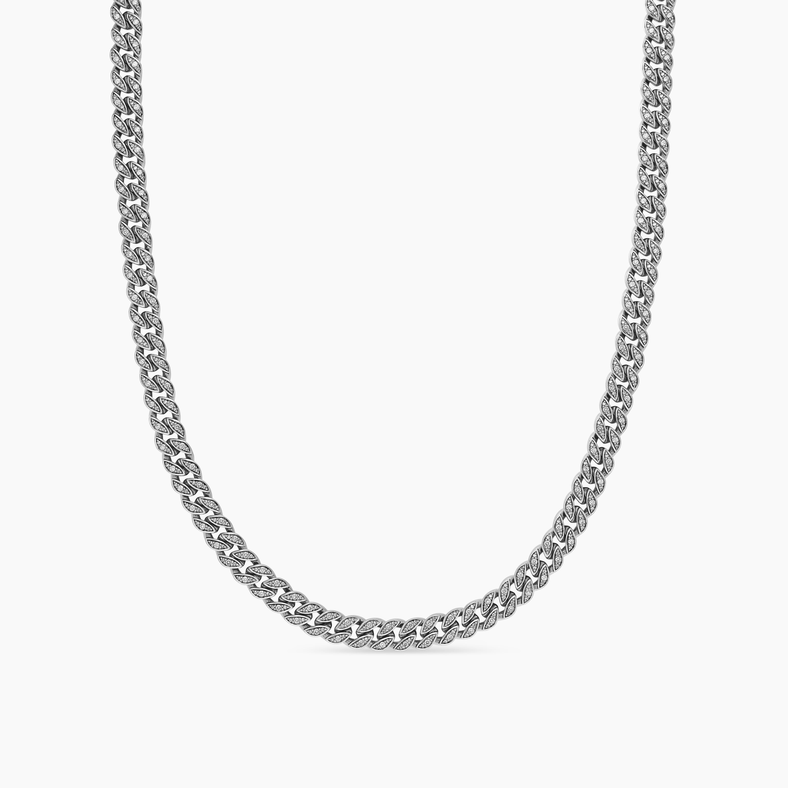 Womens Curb Chain Necklace in Sterling Silver with Diamonds, 7mm