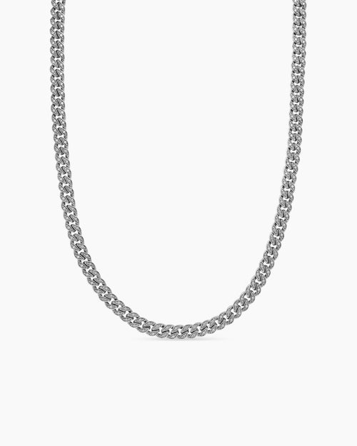 Womens Curb Chain Necklace in Sterling Silver with Diamonds, 7mm