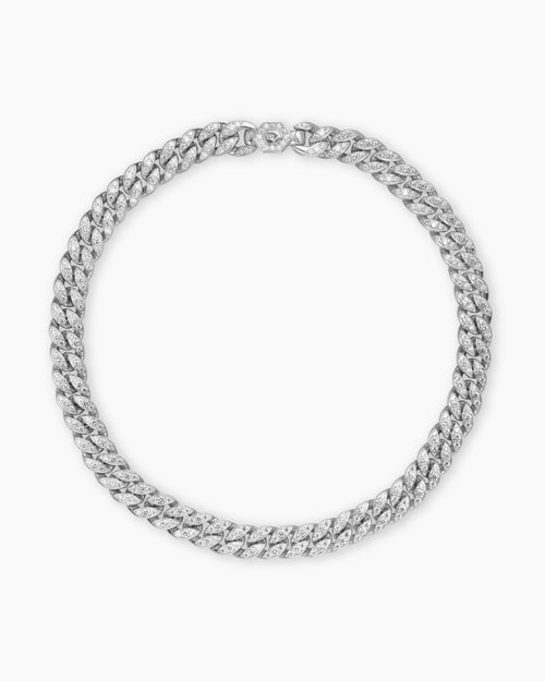 Womens Curb Chain Necklace in Sterling Silver with Diamonds, 11.5mm