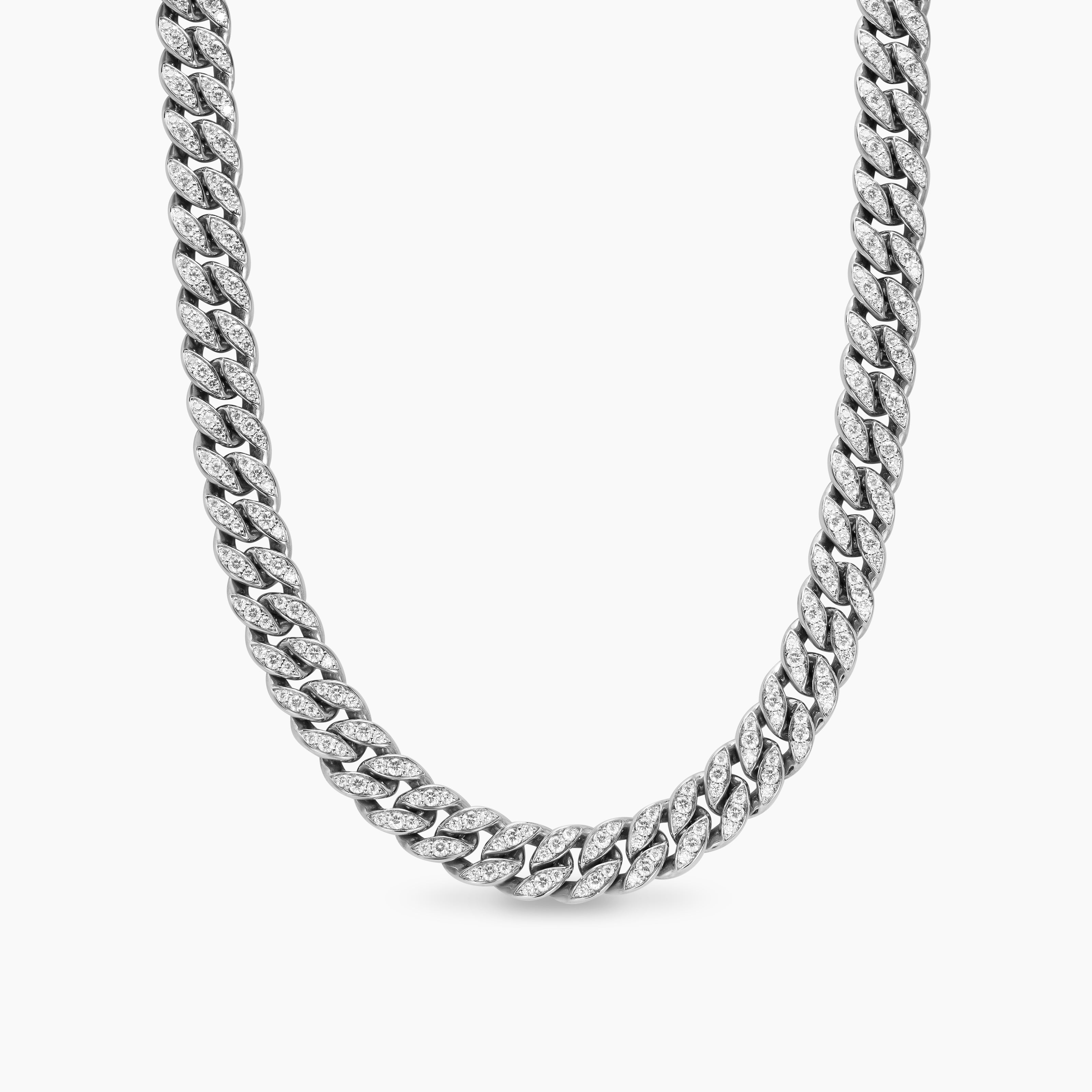 Womens Curb Chain Necklace in Sterling Silver with Diamonds, 11.5mm