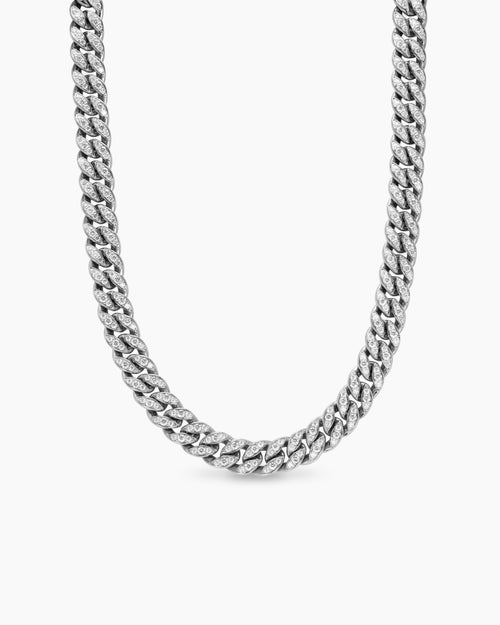 Womens Curb Chain Necklace in Sterling Silver with Diamonds, 11.5mm