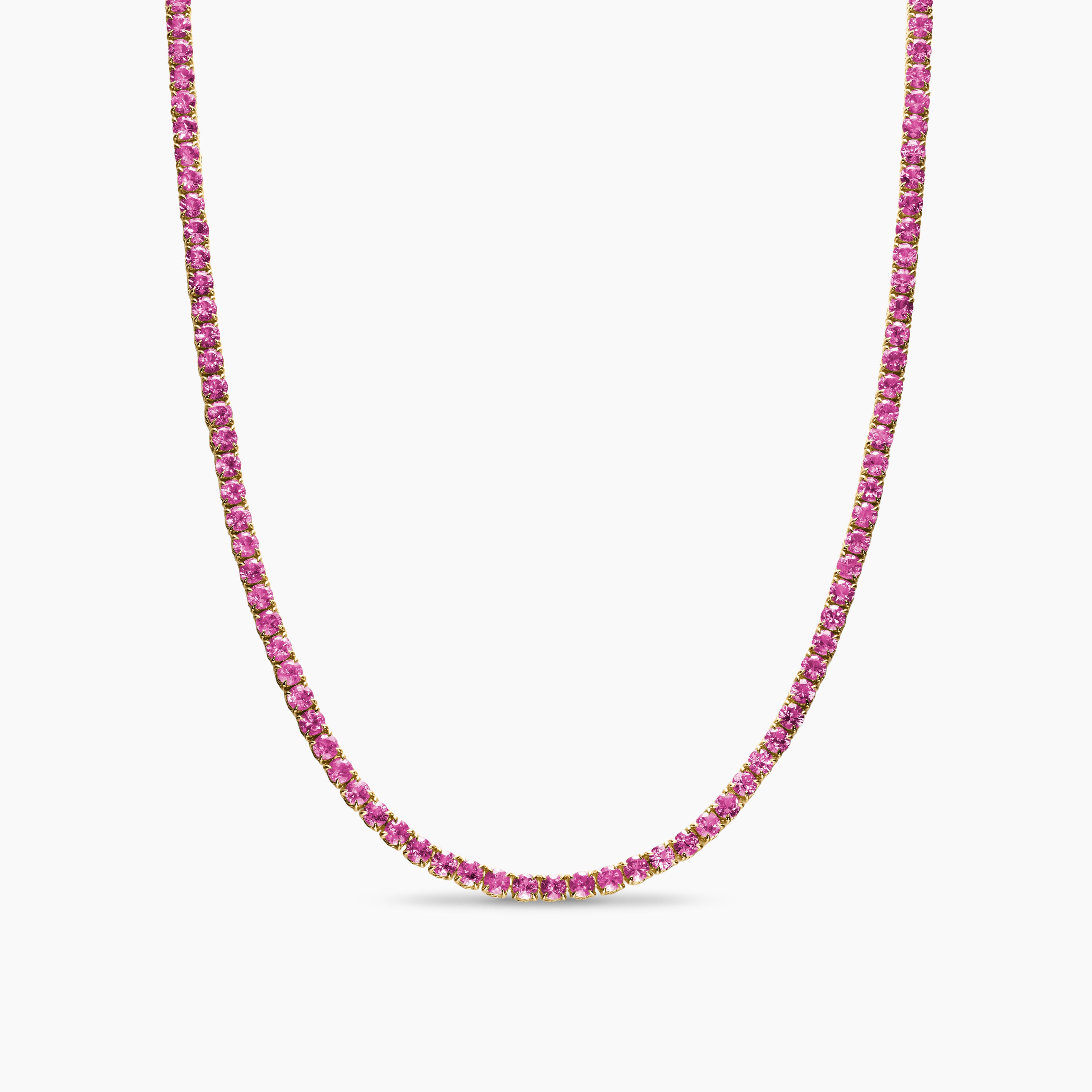 Womens Tennis Necklace in 18K Yellow Gold with Pink Sapphires, 3mm