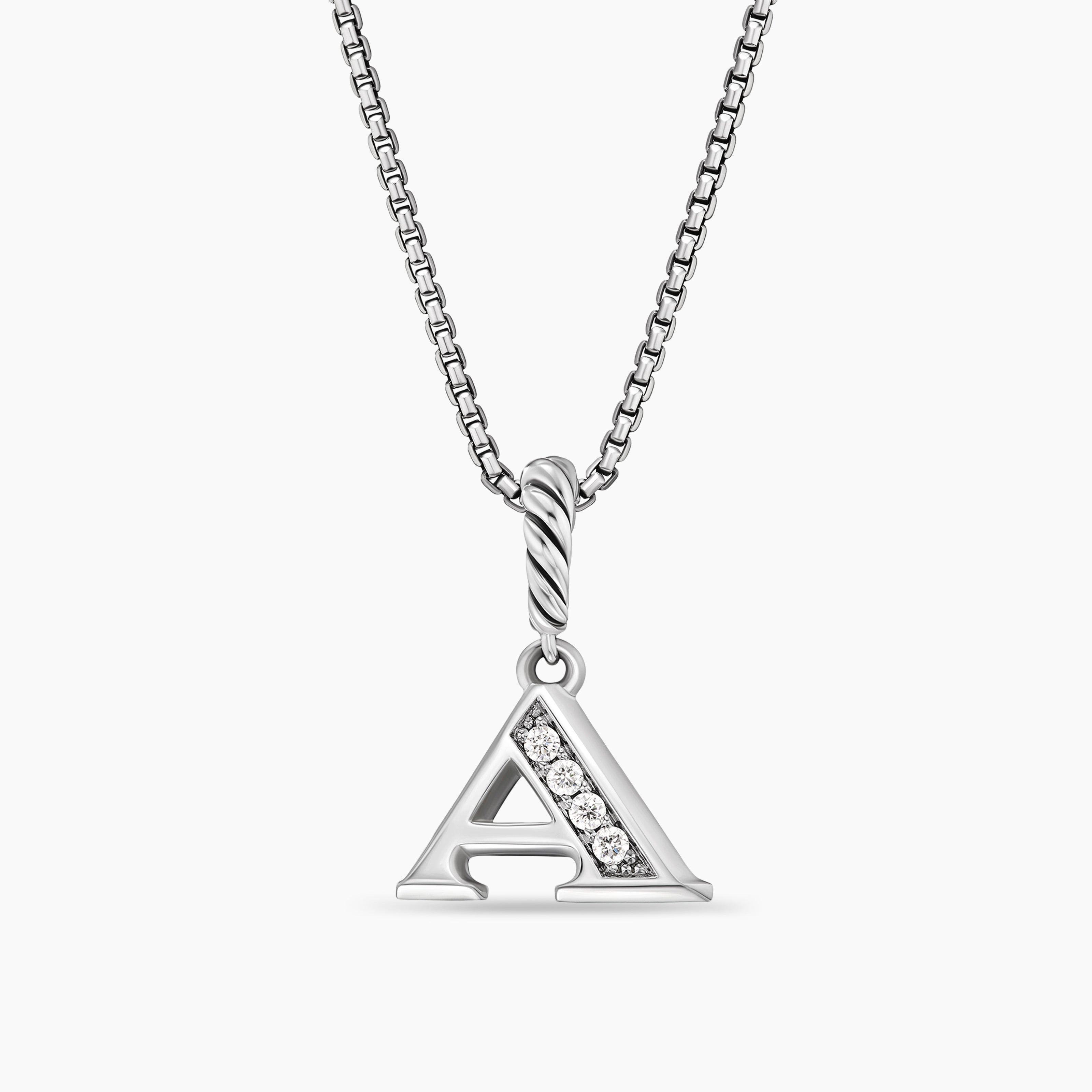 Womens Pav&eacute; Initial Pendant Necklace in Sterling Silver with Diamond A