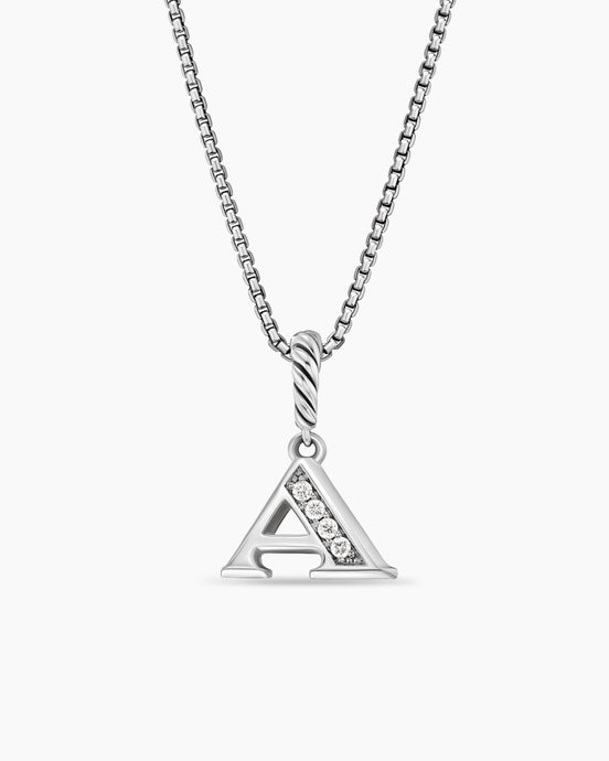 Pavé Initial Pendant Necklace in Sterling Silver with Diamond A