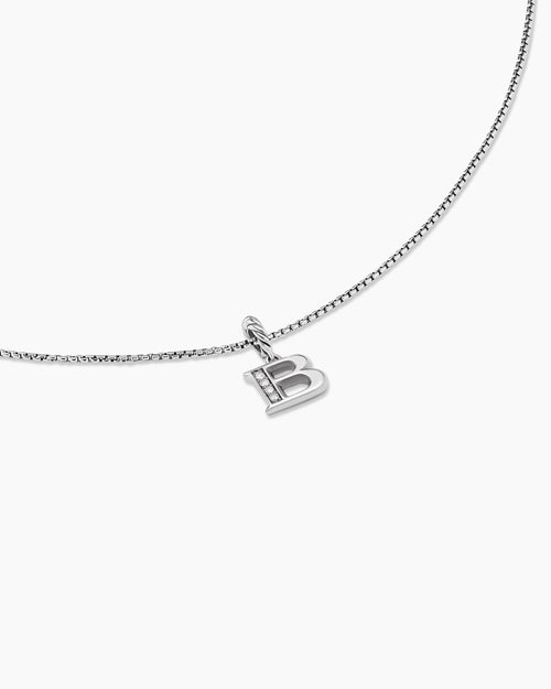 Womens Pavé Initial Pendant Necklace in Sterling Silver with Diamond B