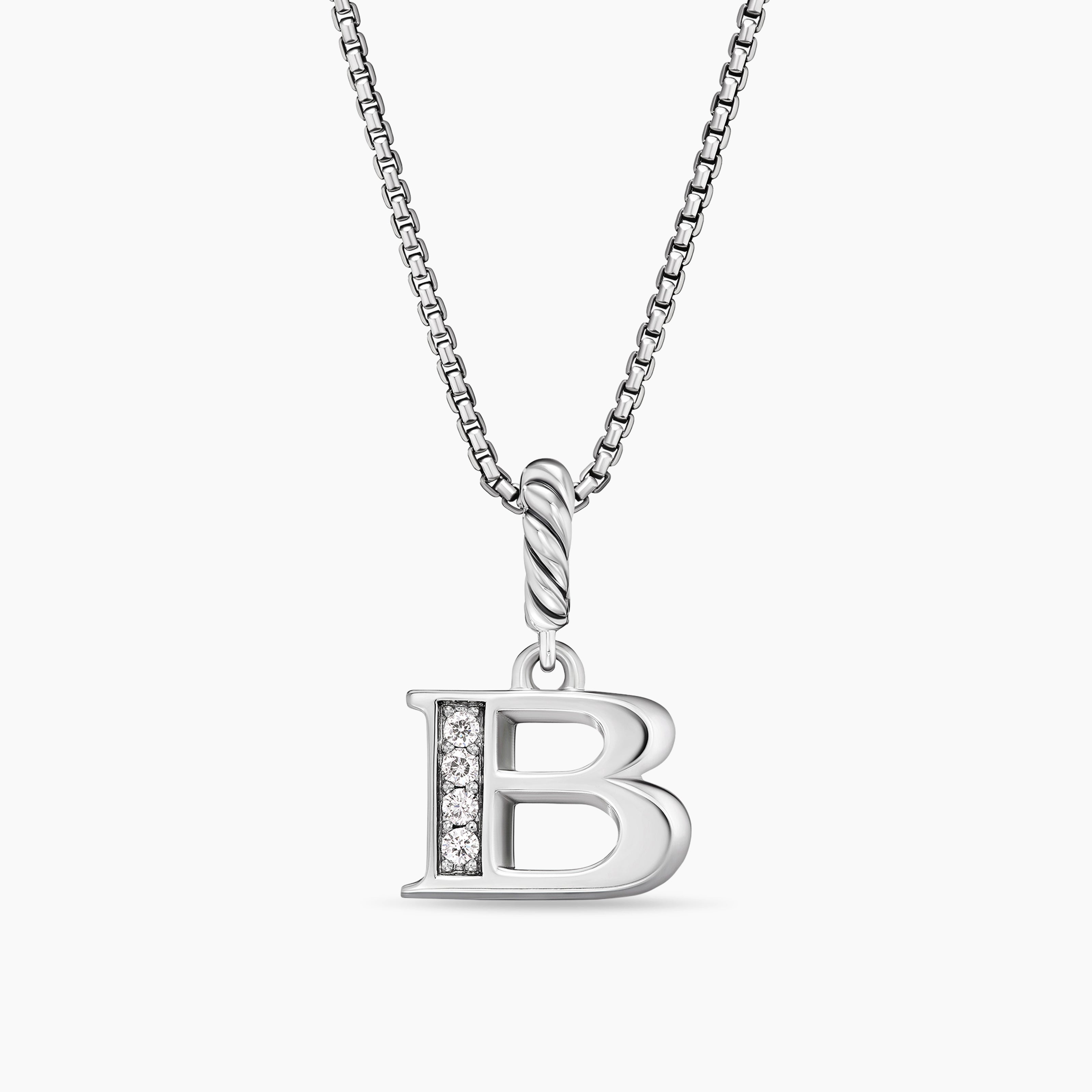 Womens Pav&eacute; Initial Pendant Necklace in Sterling Silver with Diamond B