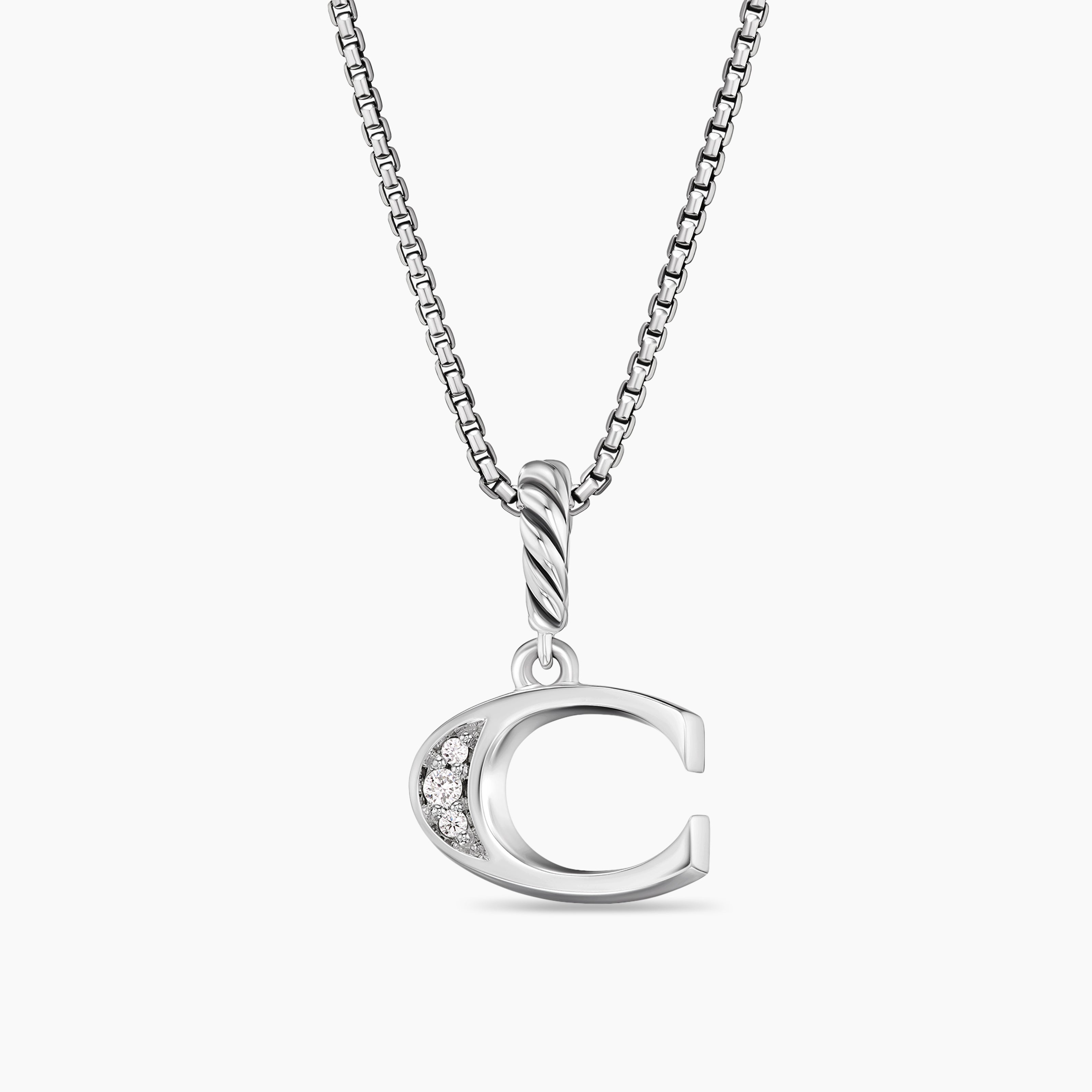 Womens Pav&eacute; Initial Pendant Necklace in Sterling Silver with Diamond C