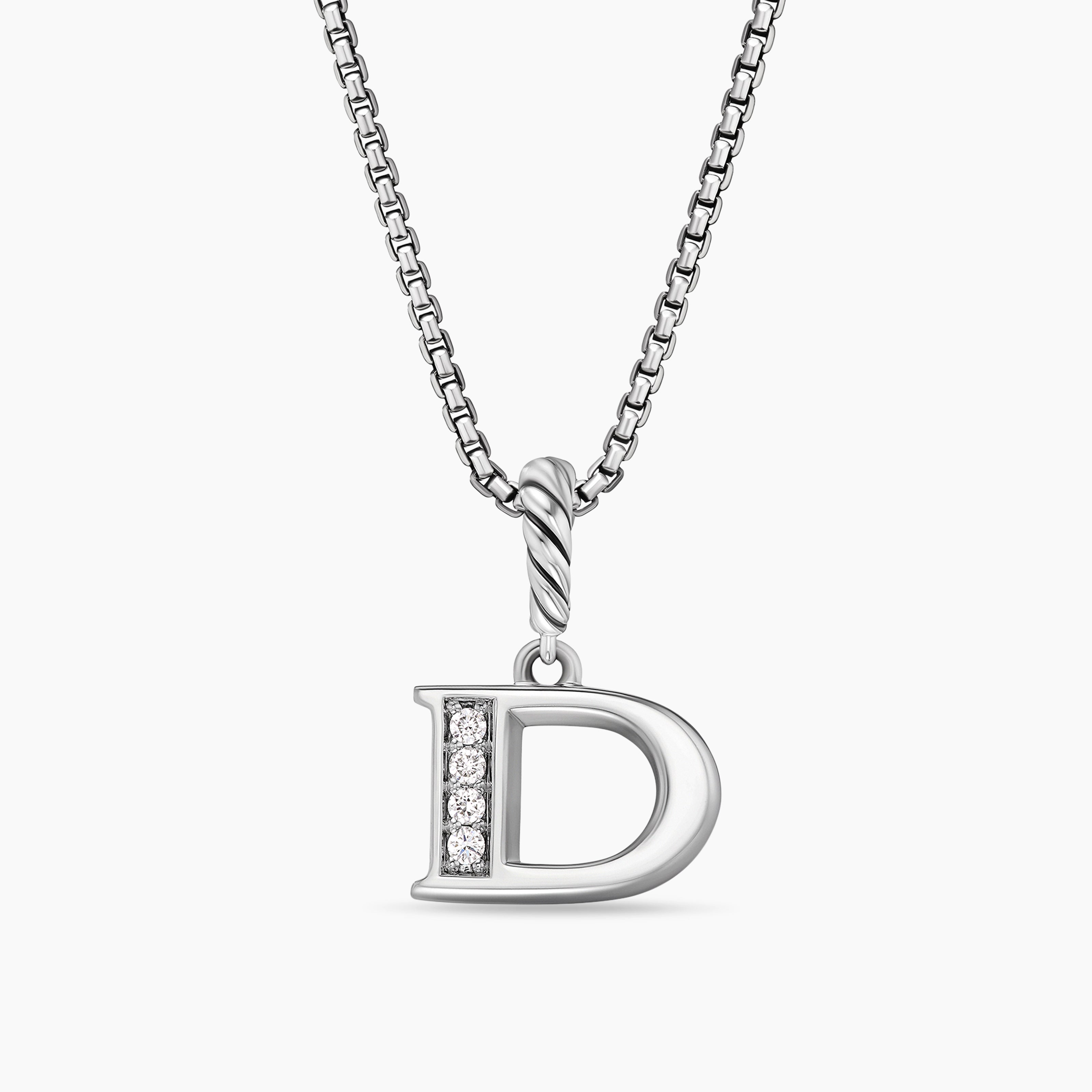 Womens Pav&eacute; Initial Pendant Necklace in Sterling Silver with Diamond D