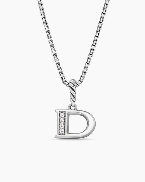 Collier pendentif à initiale pavé en argent massif avec D en diamant