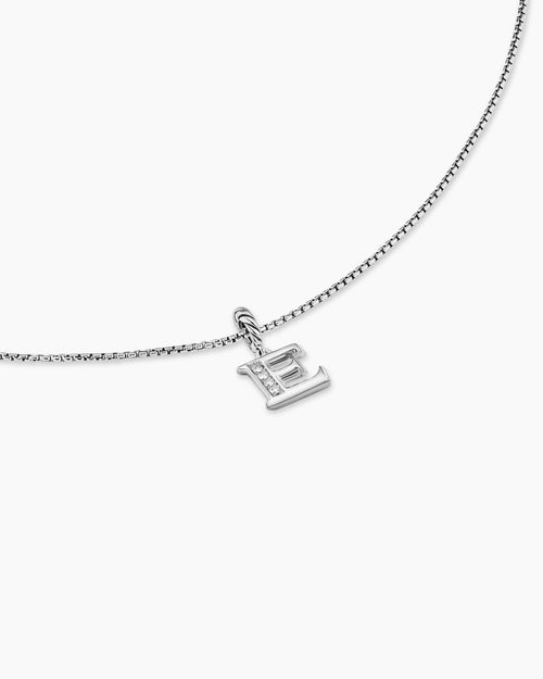 Womens Pavé Initial Pendant Necklace in Sterling Silver with Diamond E