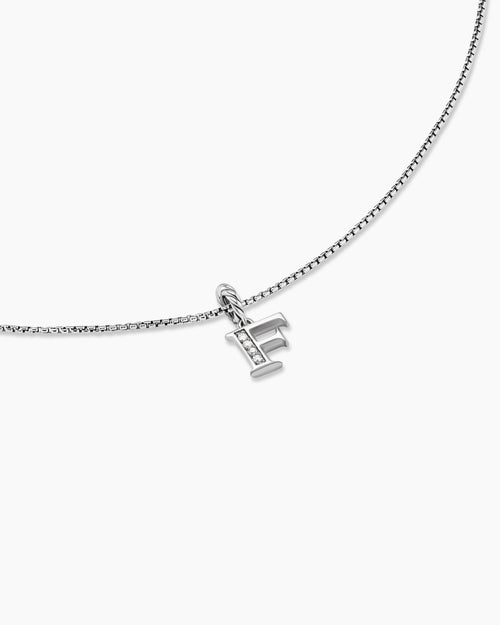 Womens Pavé Initial Pendant Necklace in Sterling Silver with Diamond F