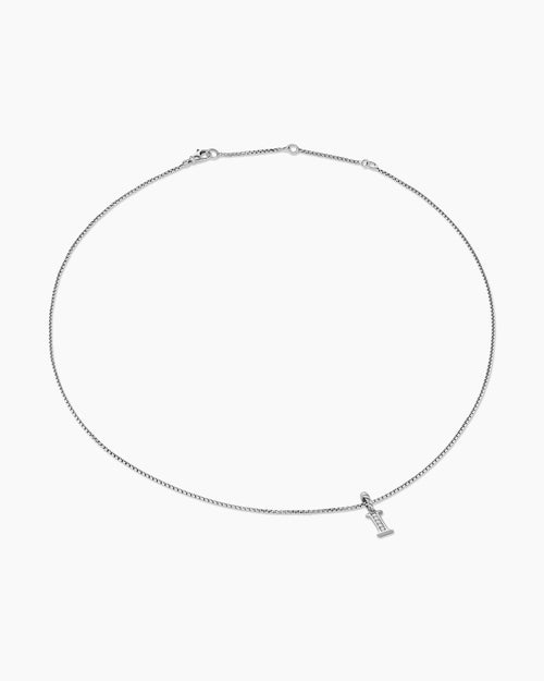 Womens Pavé Initial Pendant Necklace in Sterling Silver with Diamond I