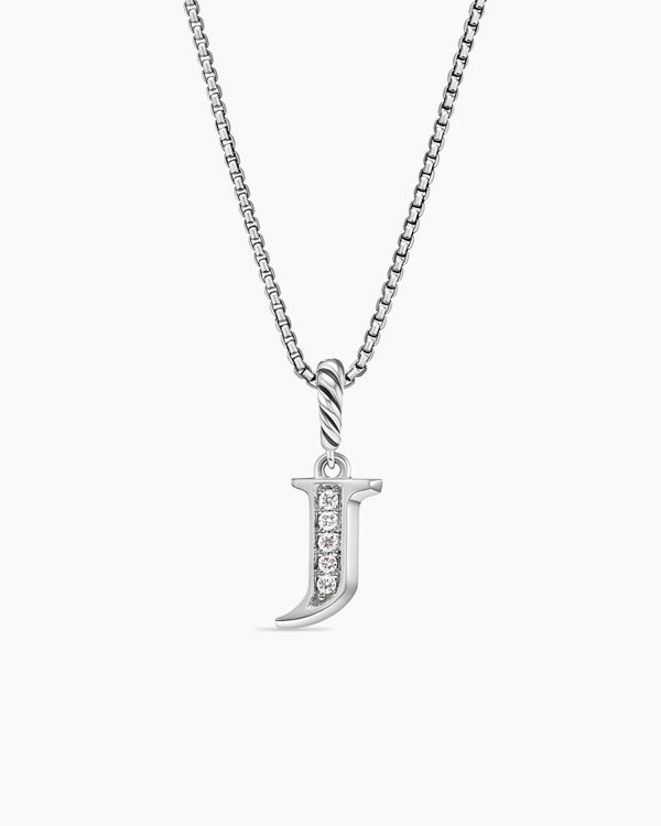 Pavé Initial Pendant Necklace in Sterling Silver with Diamond J