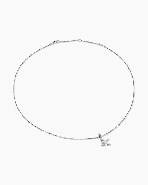 Womens Pavé Initial Pendant Necklace in Sterling Silver with Diamond K