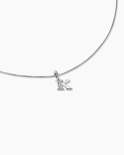 Womens Pavé Initial Pendant Necklace in Sterling Silver with Diamond K