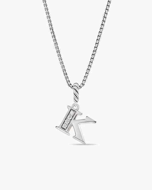 Womens Pavé Initial Pendant Necklace in Sterling Silver with Diamond K