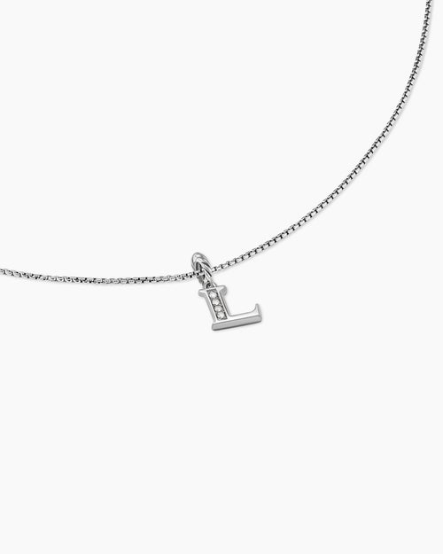 Womens Pavé Initial Pendant Necklace in Sterling Silver with Diamond L
