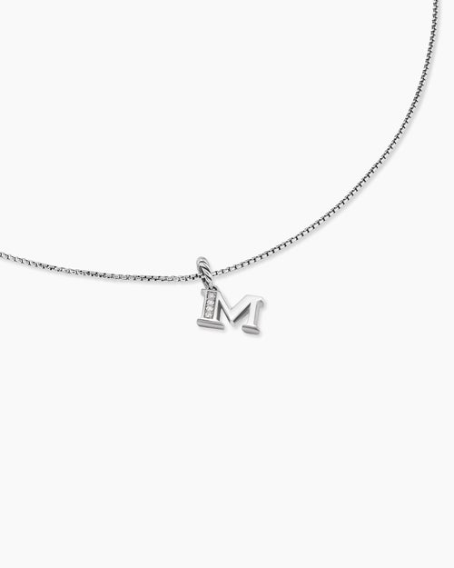Womens Pavé Initial Pendant Necklace in Sterling Silver with Diamond M