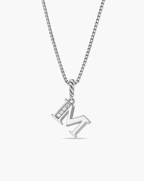 Womens Pavé Initial Pendant Necklace in Sterling Silver with Diamond M
