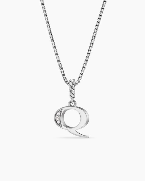 Womens Pavé Initial Pendant Necklace in Sterling Silver with Diamond Q