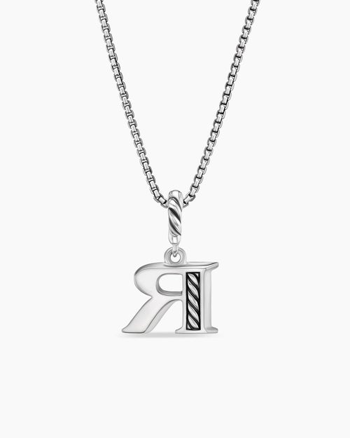 Womens Pavé Initial Pendant Necklace in Sterling Silver with Diamond R